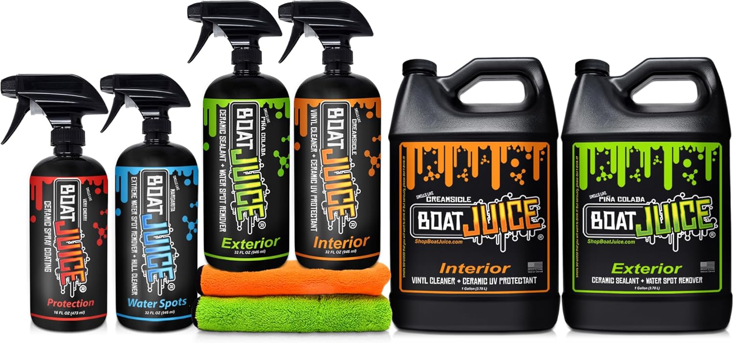 Boat Juice Complete Boat Cleaning Kit - Exterior Boat Cleaner, Interior Boat Cleaner, Extreme Water Spot Remover, Protection Ceramic Coating Spray, 2 Microfiber Towels