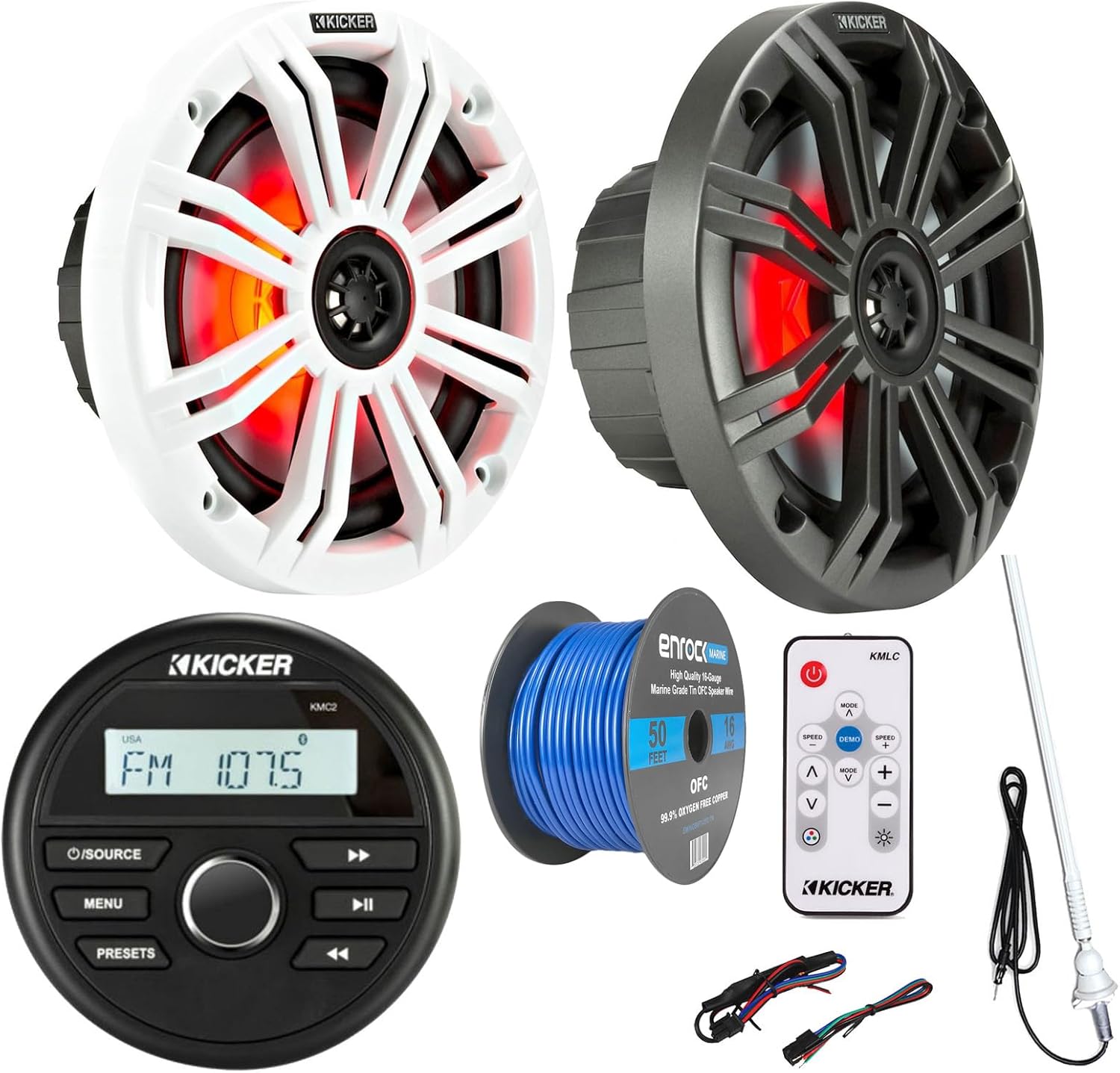 Kicker All-Weather Marine Gauge Style Bluetooth USB Media Center Stereo Receiver, 2X 6.5 195 Watt Max Multicolor LED Speakers w/White, Charcoal Grilles, LED Remote, Long Range Antenna, Speaker Wire