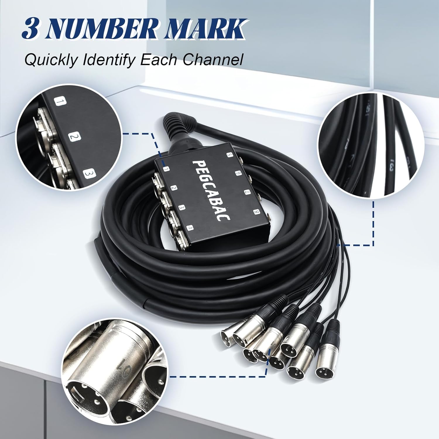 8 Channel XLR Snake Cable, Low Profile XLR Send Sub Snake Stage Box, Pro Audio Splitter Cable, 25FT