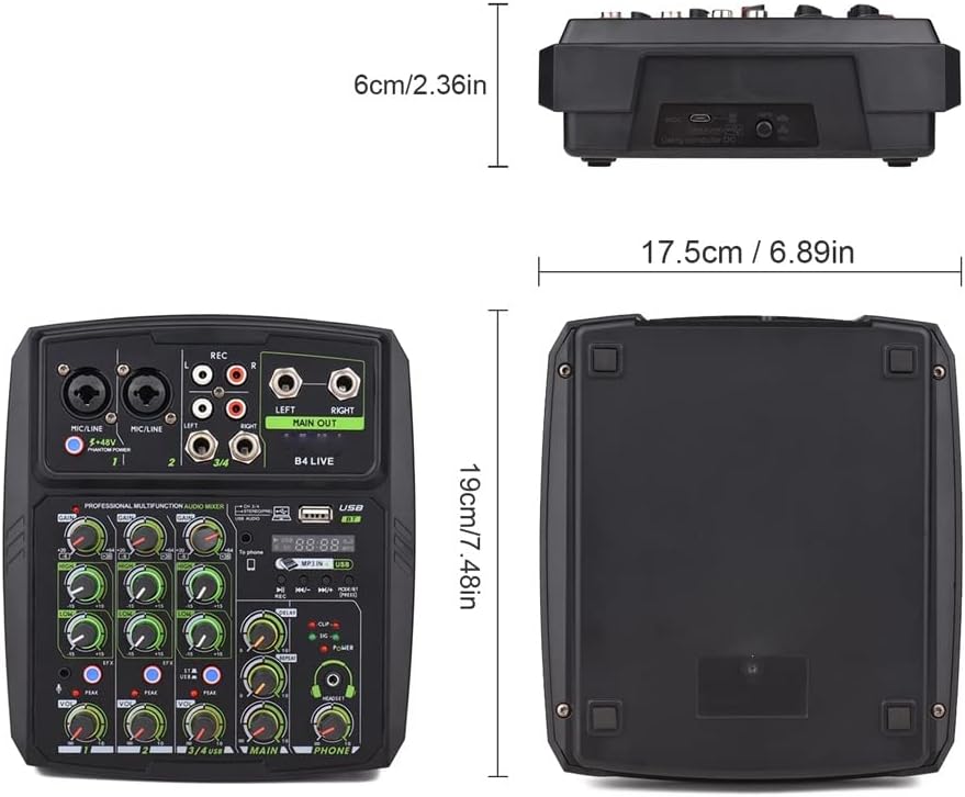 4-Channel Audio Mixer Mixing Console LED Screen Built-in Soundcard USB BT Connection with 2-Band EQ Gain Delay