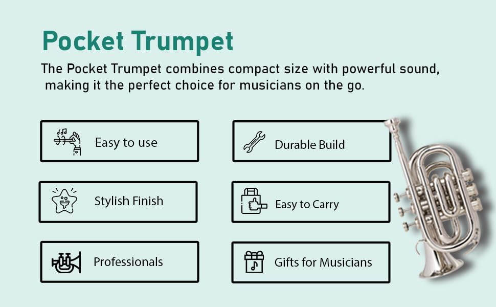 Queen Brass B-Flat Pocket Trumpet Silver Finish Compact Brass Instrument with Mouthpiece Gloves and Carrying Case for Students Beginners and Travel Friendly