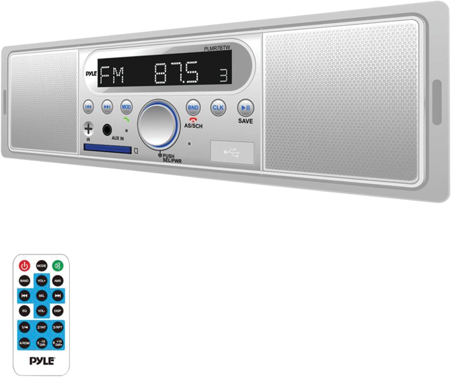 Pyle Marine Bluetooth Stereo Radio - 12v Single DIN Style Digital Boat In dash Radio Receiver System with Built-in Mic and Speakers, RCA, MP3, USB, SD, AM FM Radio - Remote Control - PLMR7BTW (White)