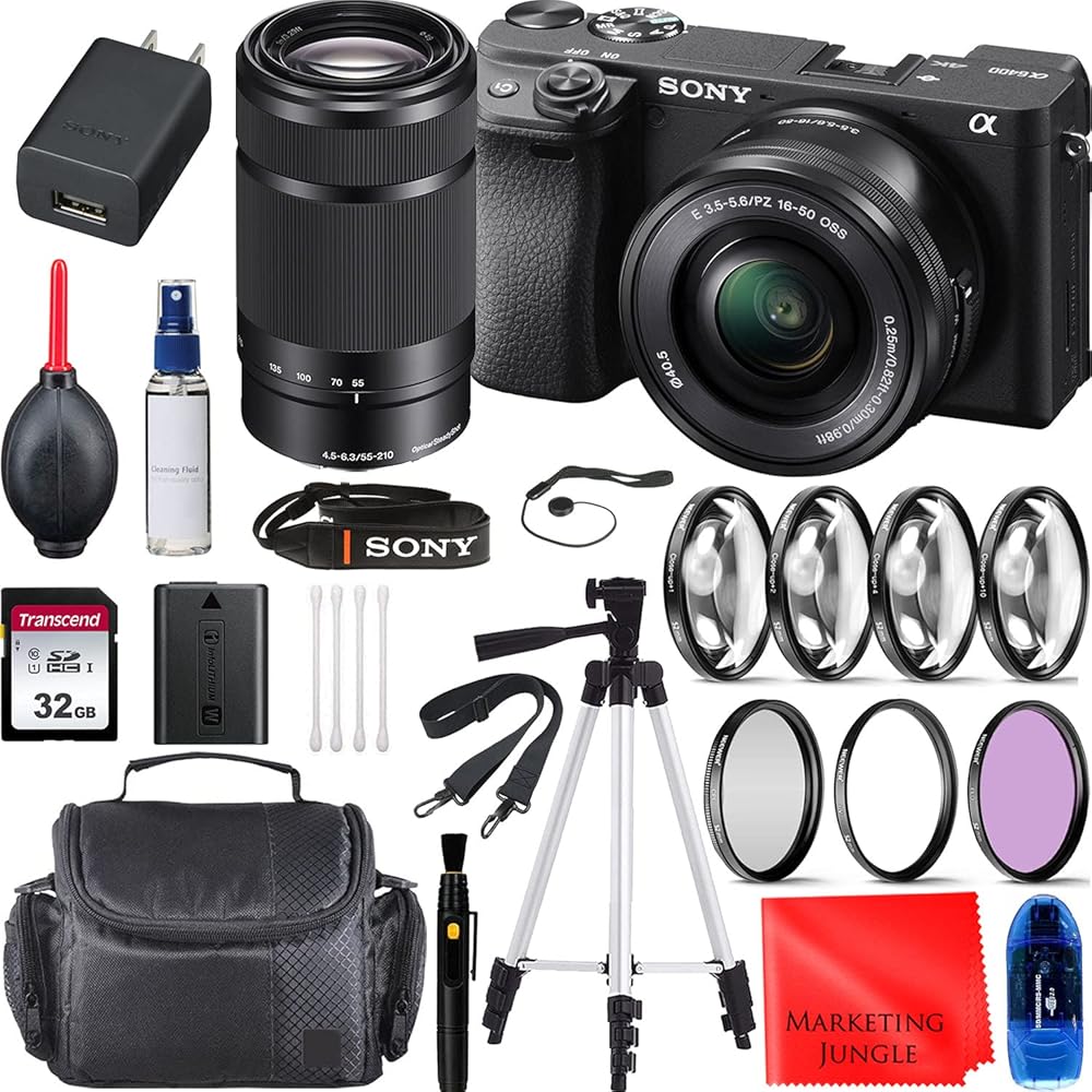 Sony Alpha a6400 Mirrorless Digital Camera with 16-50mm and 55-210mm Lenses (Black) Bundle, Starter Kit + Accessories(Memory Card, Cleaning Kit, 50 Tripod, Gadget Bag), compact (Renewed)