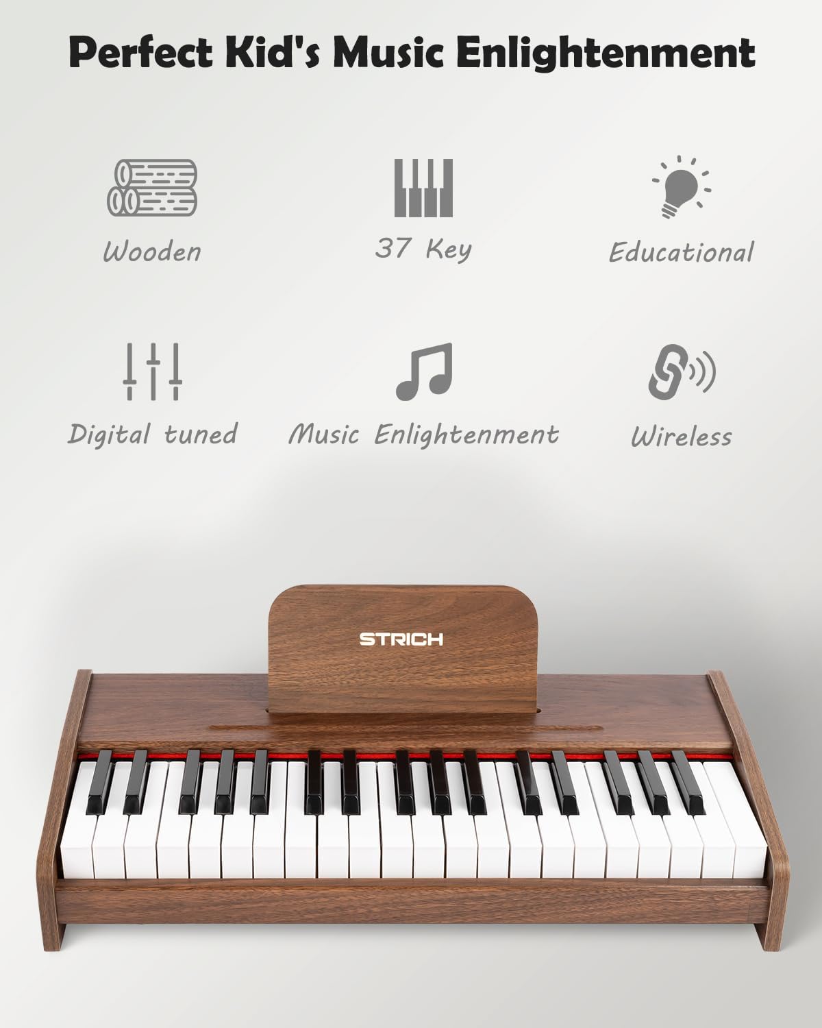 STRICH 37 Keys Kids Piano Keyboard, Mini Digital Piano for Kids, Volume Adjustable, Music Book, Wood Piano for 3+ Girls and Boys, Walnut Color, SEK-37