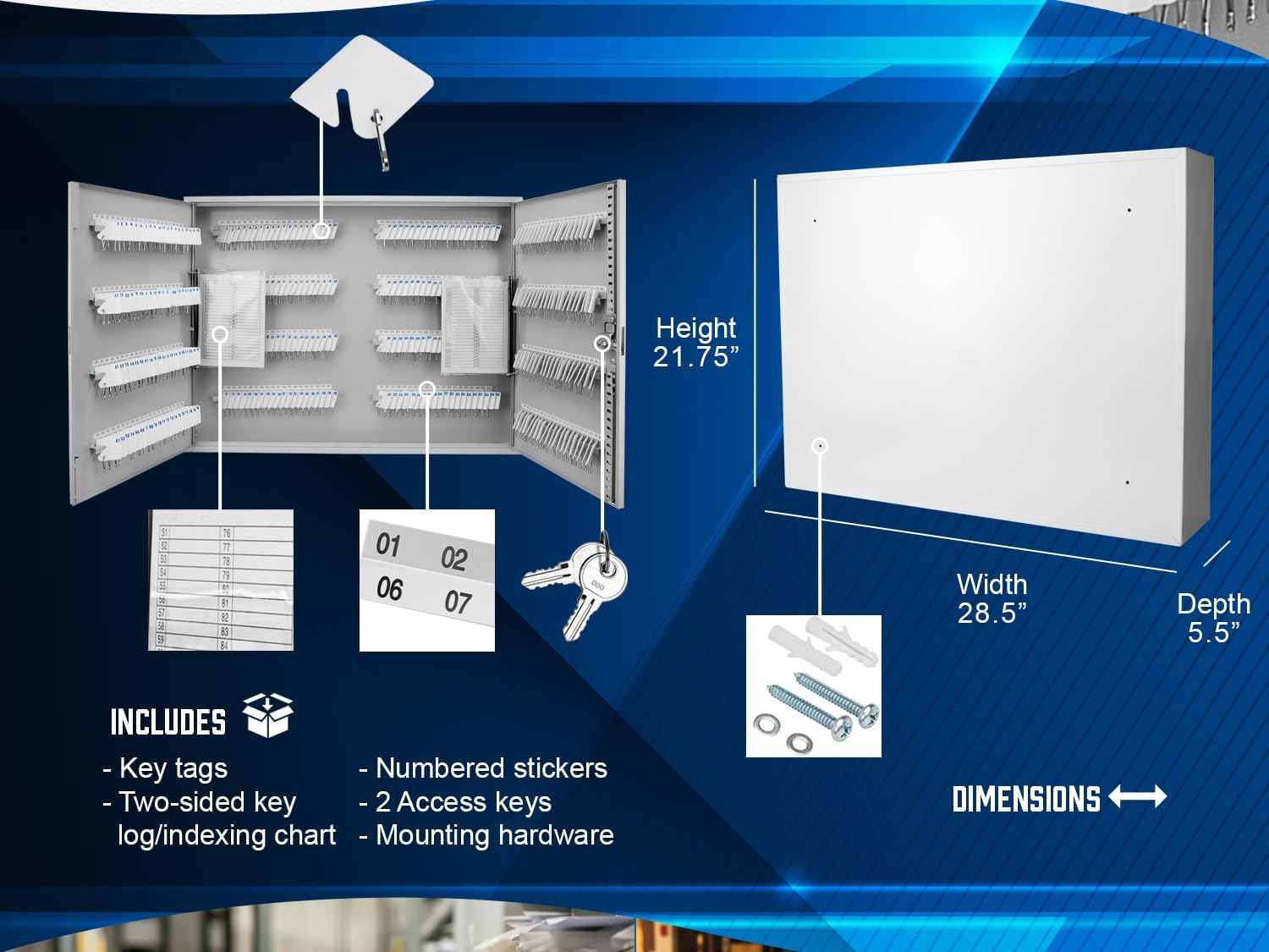 Barska 320-Position Key Cabinet – Steel Key Lock Box with Numbered Hooks, Key Log Sheet, White Tags & Index Chart – Wall-Mount Organizer, Gray Finish