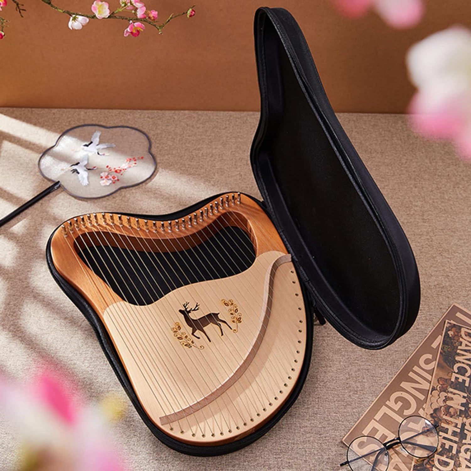 Lyre Harp 32 Strings Mahogany Wood String Instrument, with EVA Carry Bag,Tuning Key,Spare String,English Instruction Manual, for Music Lovers Beginners Children,32