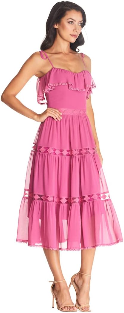 Dress the Population Women's Dream Sleeveless Ruffle Bodice Lace Insert Tiered Skirt Midi Dress