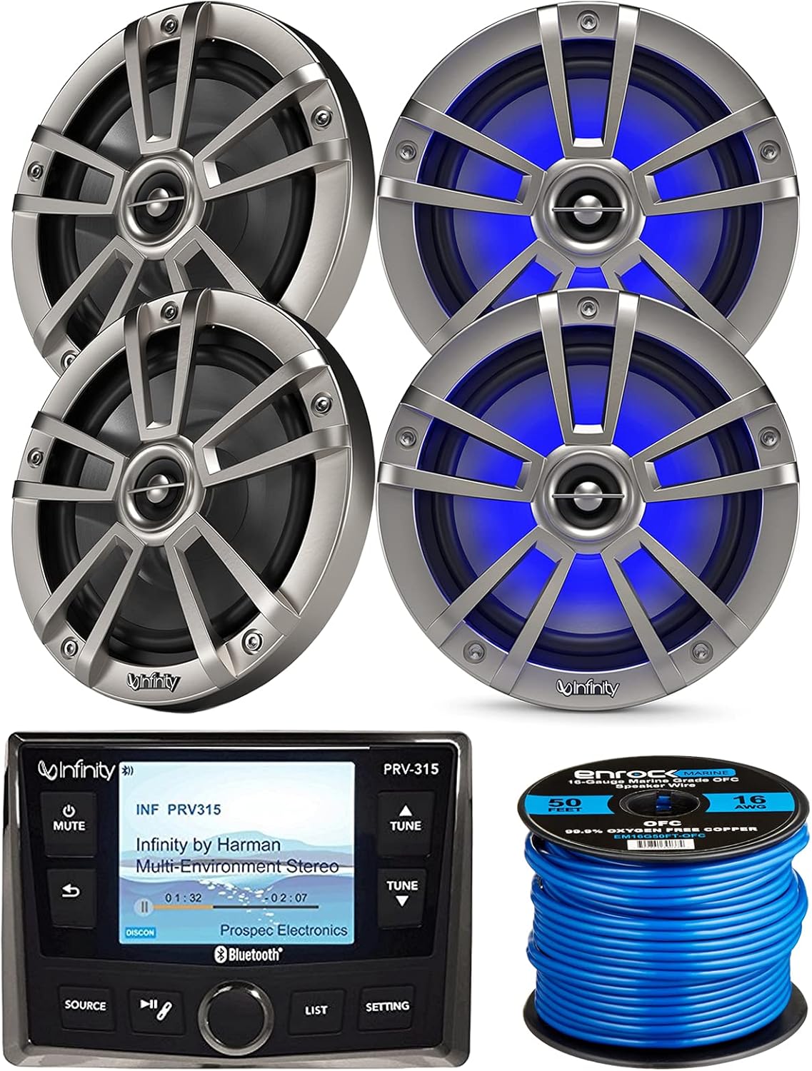 Infinity PRV-315.2 Marine Gauge Hole Mount USB Bluetooth AM/FM/WB Radio Receiver, 4x 6.5