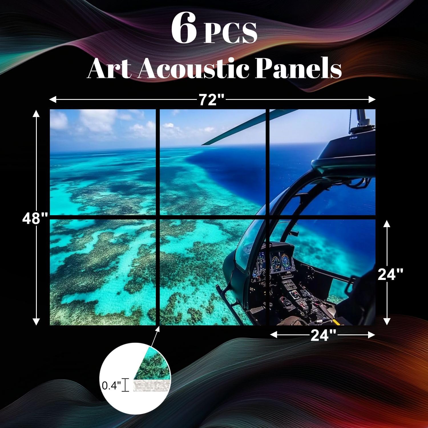 6 Pack Art Acoustic Panels Helicopter ride Moore Reef outer Great Barrier Reef Soundproof Wall Panels, 48
