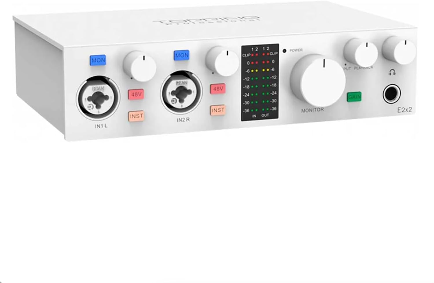 TOPPING E2X2 USB Audio Interface - High-Performance Mixer & Recording Interface for PC, Mac, iPhone & Android - Ultra-Linear Preamp, 48V Phantom Power, Low Noise, Real-Time Monitoring (White)