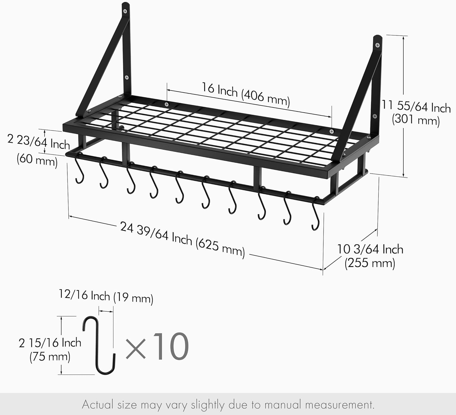 KES 24 Inch Kitchen Wall Mount Pot Pan Rack Wall Shelf and 30-Inch 2-Tier Kitchen Pot Rack with 12 Hooks Matte Black, KUR215S60-BK+KUR215S75B-BK