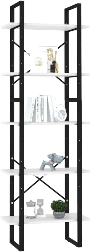 5-Tier Industrial White Bookcase 23.6 x 11.8 x 68.9 in Engineered Wood & Metal Matte Finish Modern Tall Book Shelf for Living Room Home Office Bedroom