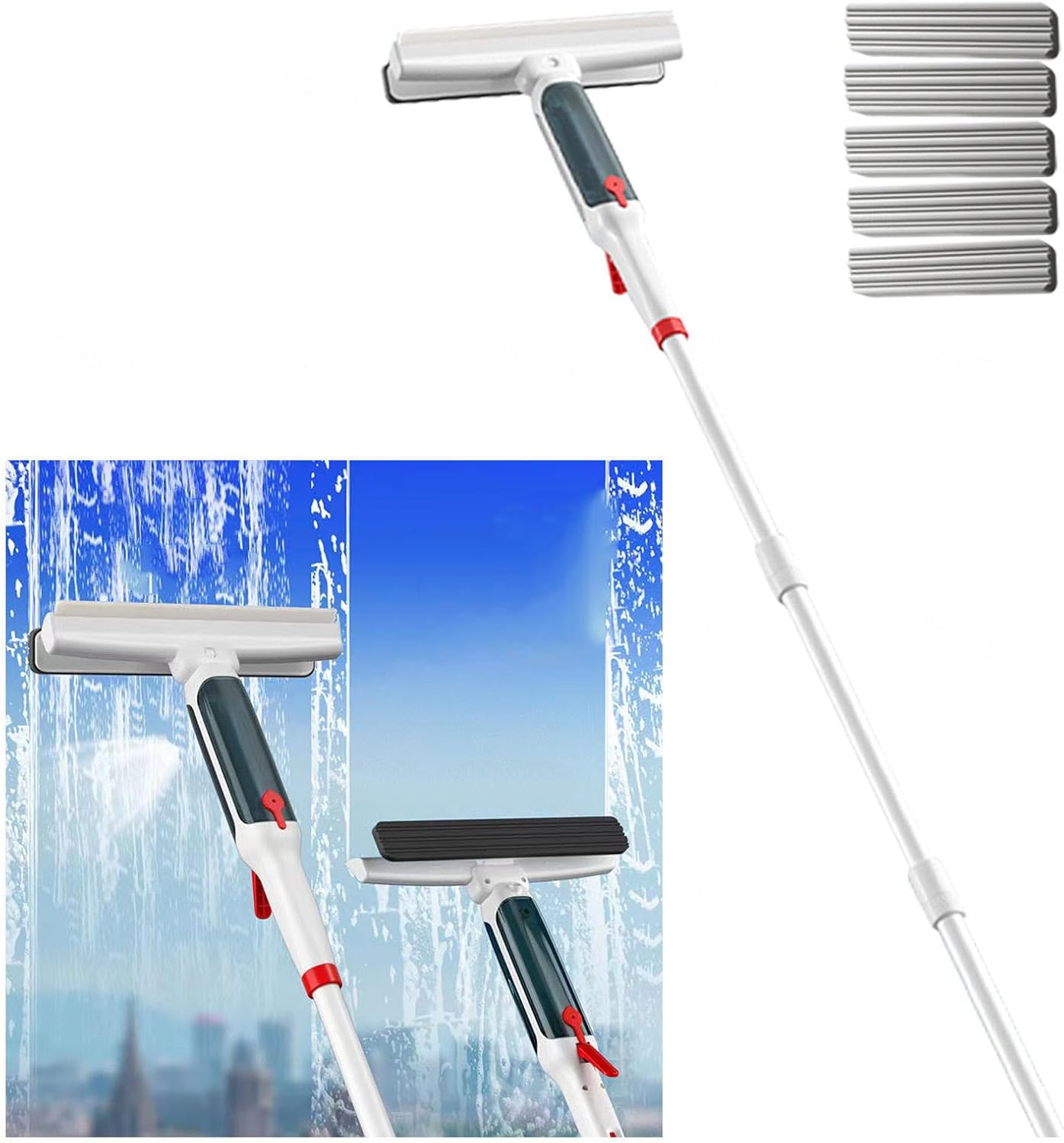 75'' Spray Window Cleaning Squeegee Kit with 4-Section Extension Pole, 4 in 1 Window Vacuum Squeegee Cordless Window Squeegee with Sewage Collector and 5 Pads