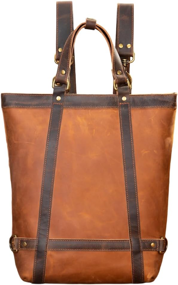 Genuine Leather Backpack for Men Vintage Water Resistant Sling Bag Travel Business Handle Coffee Laptop Gift Box (Brown)