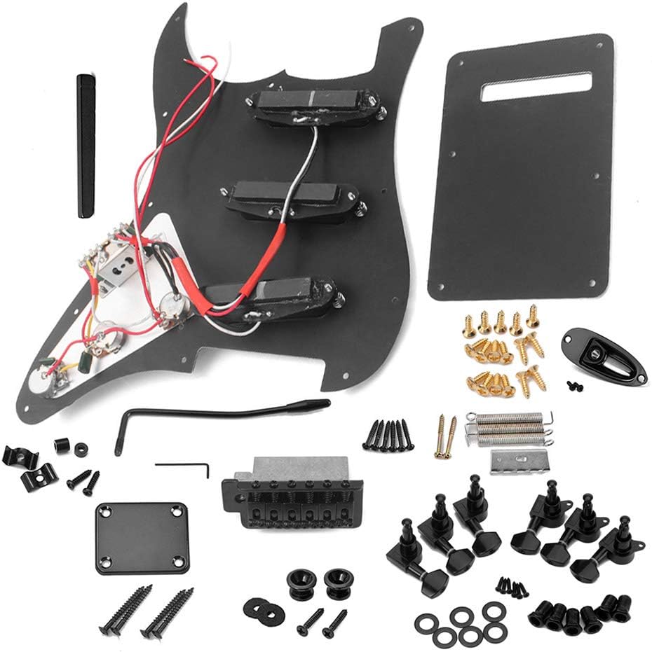 Black ST Style Electric Guitar Full Set DIY Accessory Kit Including Prewired Pickguard, SSS Pickups and Other Accessories