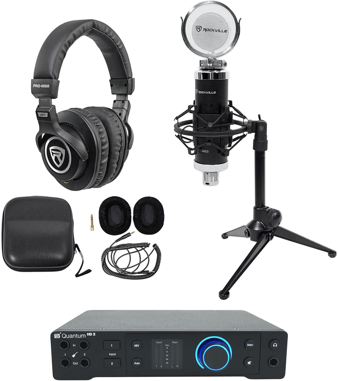 Audiosavings Bundle: (1) Presonus Quantum HD2 20 x 24, 32-bit / 192 kHz USB-C Audio Recording Interface Bundle with (1) Rockville RCM03 Microphone+(1) PRO-M50 Headphones+(1) RDTS Stand (4 Item)