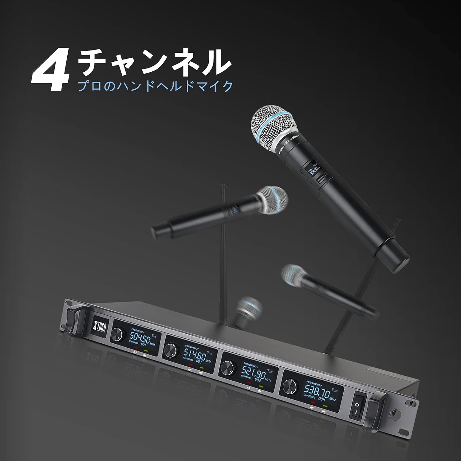 XTUGA A140 4 Wireless Microphone System, Handheld Cordless Mics UHF with Metal, 300ft Wide Range Fit for Karaoke Church Weddings Events