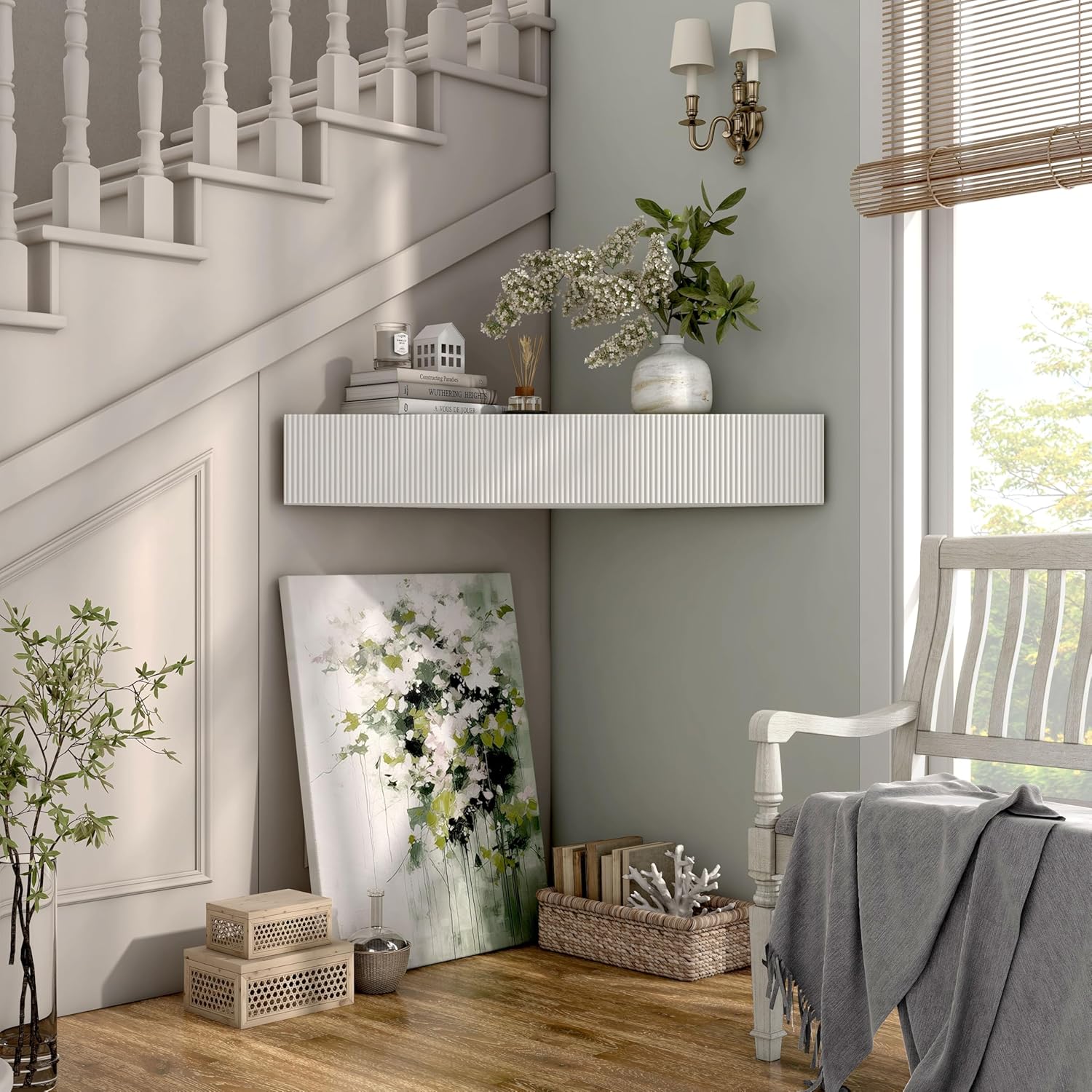 24/7 Shop at Home French 47 inch Modern Floating TV Console Table with 3D Wavy Panel Door, Wood Entertainment Center with Storage Space, Wall Corner Shelf for Living Room, Bedroom, Office, White Pure