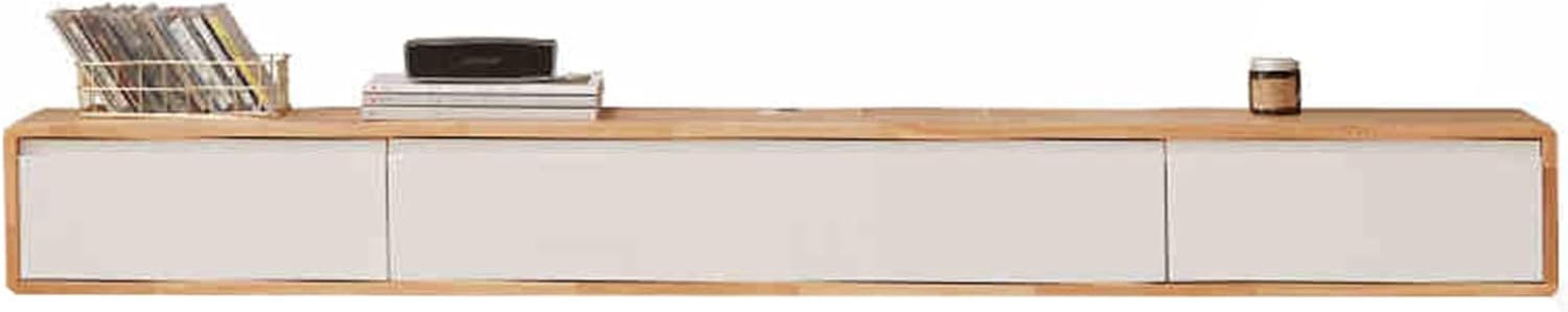 Multi-Size Floating TV Stand - Solid Wood Wall Mounted TV Unit, Multifunctional with Pre-Drilled Wiring Holes for Easy nization (Wood & White, 120x20x24cm)