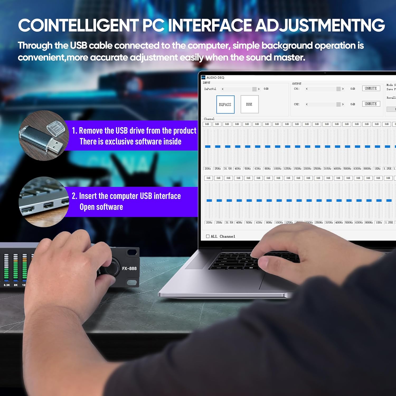 FX-888 Dual channel synchronized control 31-Band Digital equalizer Stereo Graphic EQ Noise Reduction Each segment with LED Spectrum Display Operation Content display large screen.