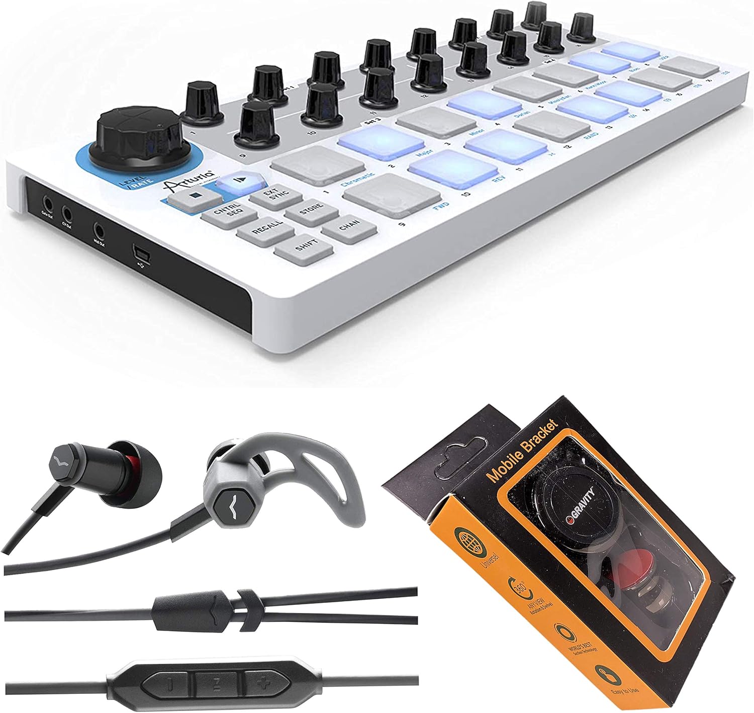 Arturia BeatStep Pad Controller and CV/Gate Sequencer USB/MIDI/CV Controller and 16-Step Sequencer with V-Moda Forza in-Ear Headphones and Gravity Magnet Phone Holder Bundle
