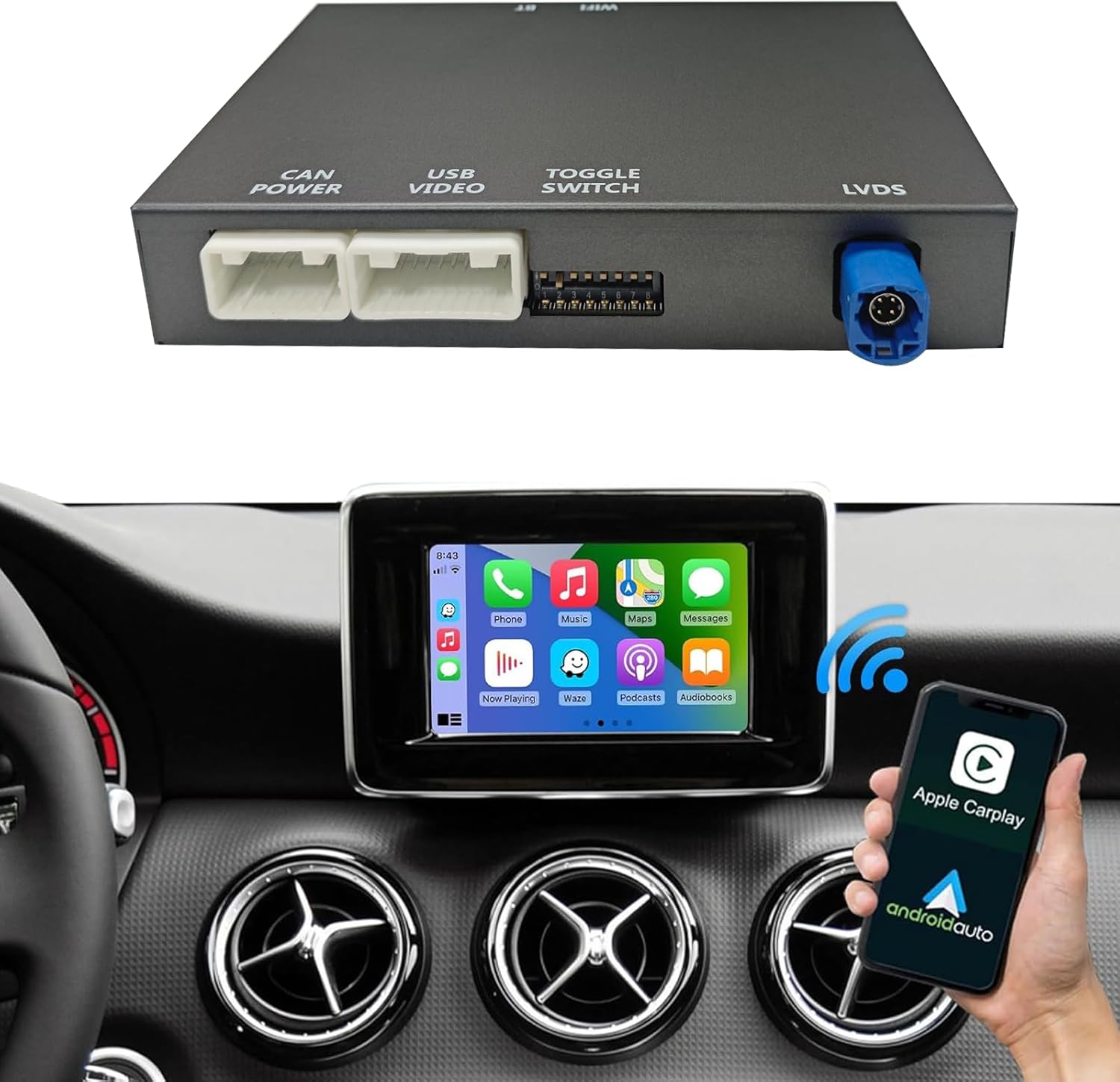 Wireless Carplay/Android Auto Adapter for Mercedes Benz A B CLA GLA C E ML GL GLK SLK, with NTG 5.0 System with Bluetooth, USB, Mirroring, Camera, Voice Control for Mercedes Benz Accessories