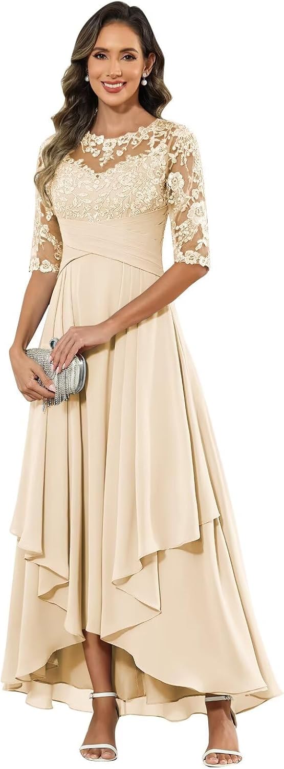 Lace Appliques Chiffon Mother of The Bride Dresses - Tea Length Ruffled 3/4 Sleeves Formal Evening Gowns