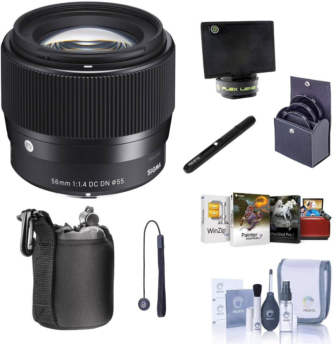 Sigma 56mm f/1.4 DC DN Contemporary Lens for Sony E, Bundle with Filter Kit, Cleaning Kit, PC Software Kit, Lens Cap Tether, Lens Cleaner, Flex Lens Shade, Pouch