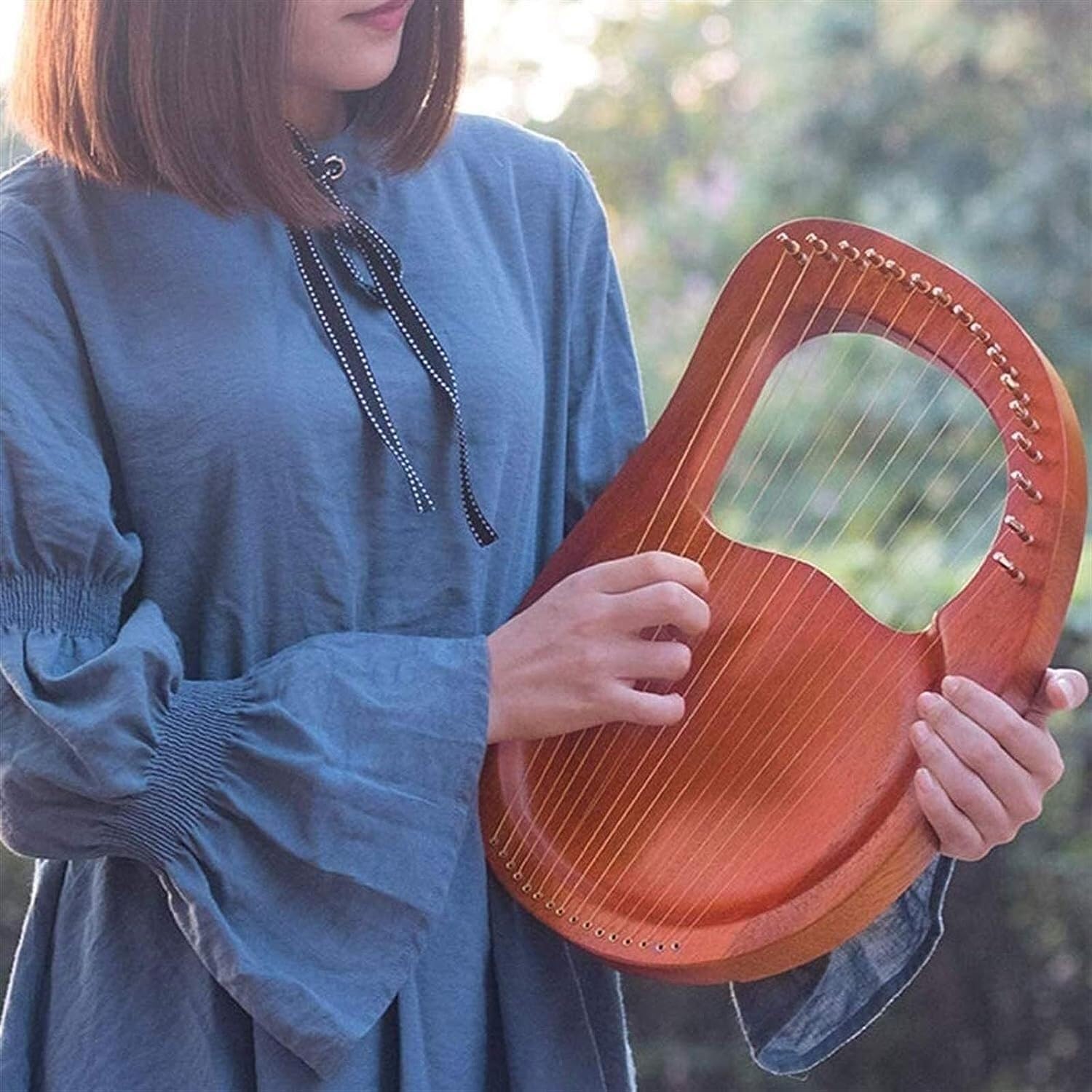 19 Strings Lyre Harp for Kids, Strings Wooden Harp Instrument, Lye Harp with Tuning Wrench, for Beginners Instrument(Color:Green)(Walnut)