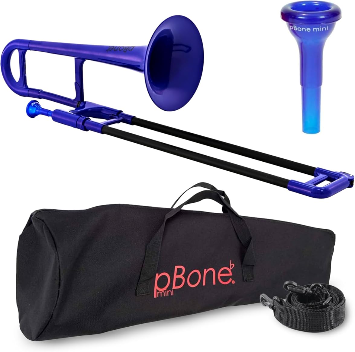 pBone Plastic Kids pBone Mini Trombone - Mouthpiece and Carrying Bag- Lightweight Versatile, Comfortable Ergonomic Grip- Eb Authentic Sound for Student & Beginner- Durable ABS Construction- Blue