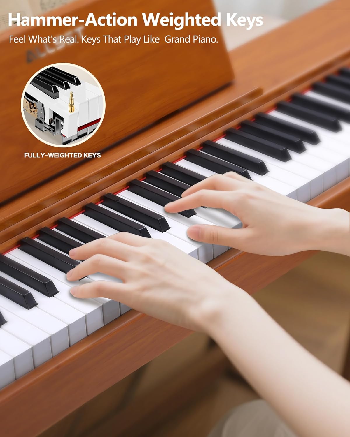 ALLSET 88-Key Digital Piano | Fully-Weighted Hammer Action & Concert Grand Sound | Compact Upright Design in Warm Brown Wood | Includes 3 Pedals & USB/MIDI for Beginners & Home Use | HP-740