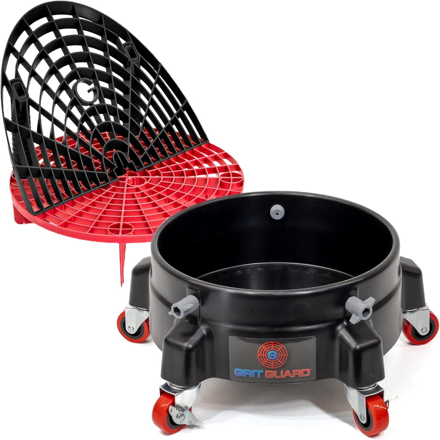 The Original Grit Guard Bucket Insert with Washboard Combo (Black/Red) + Bucket Dolly with Wheels (Black)