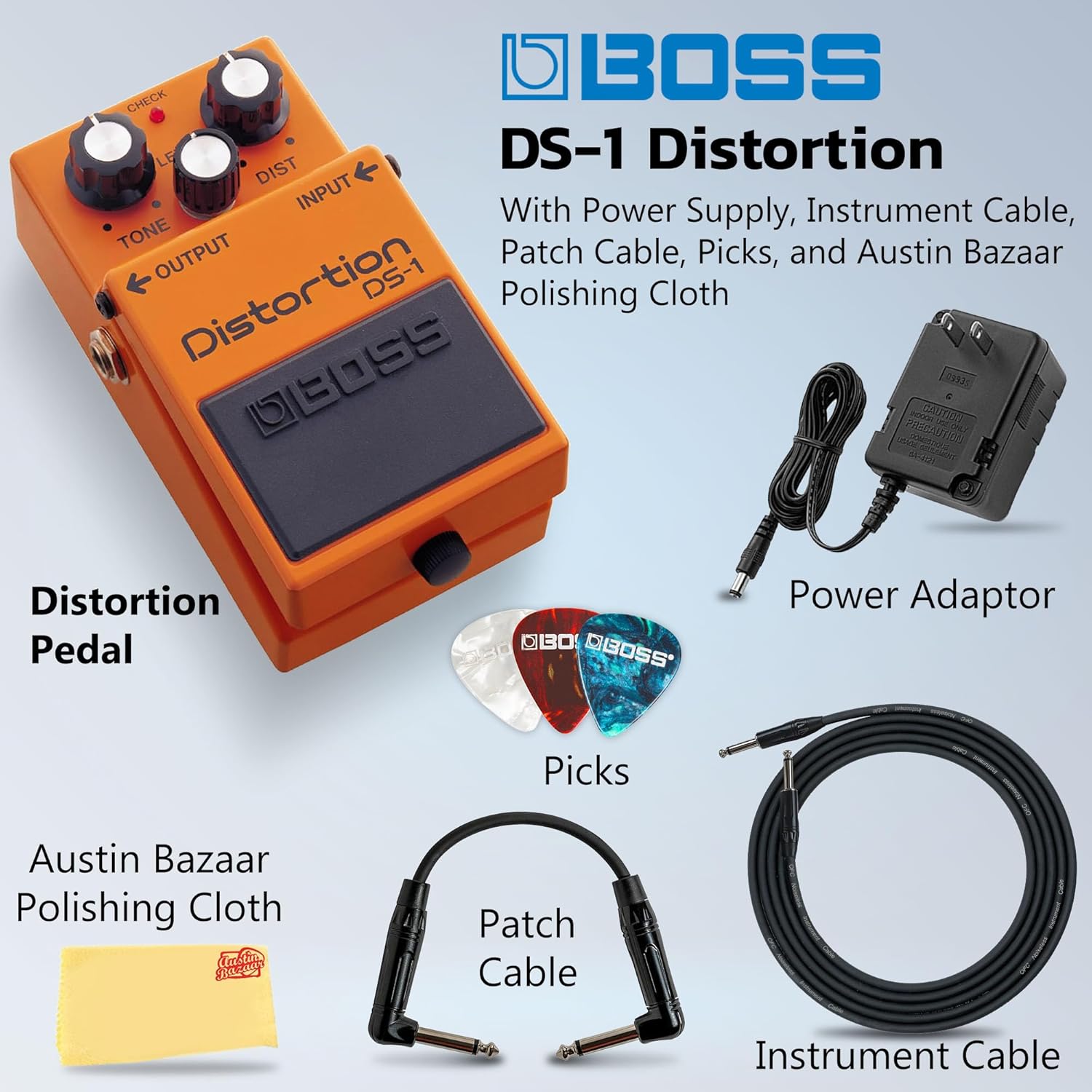 Boss DS-1 Distortion Bundle with Gearlux Power Supply, Instrument Cable, Patch Cable, Picks, and Austin Bazaar Polishing Cloth