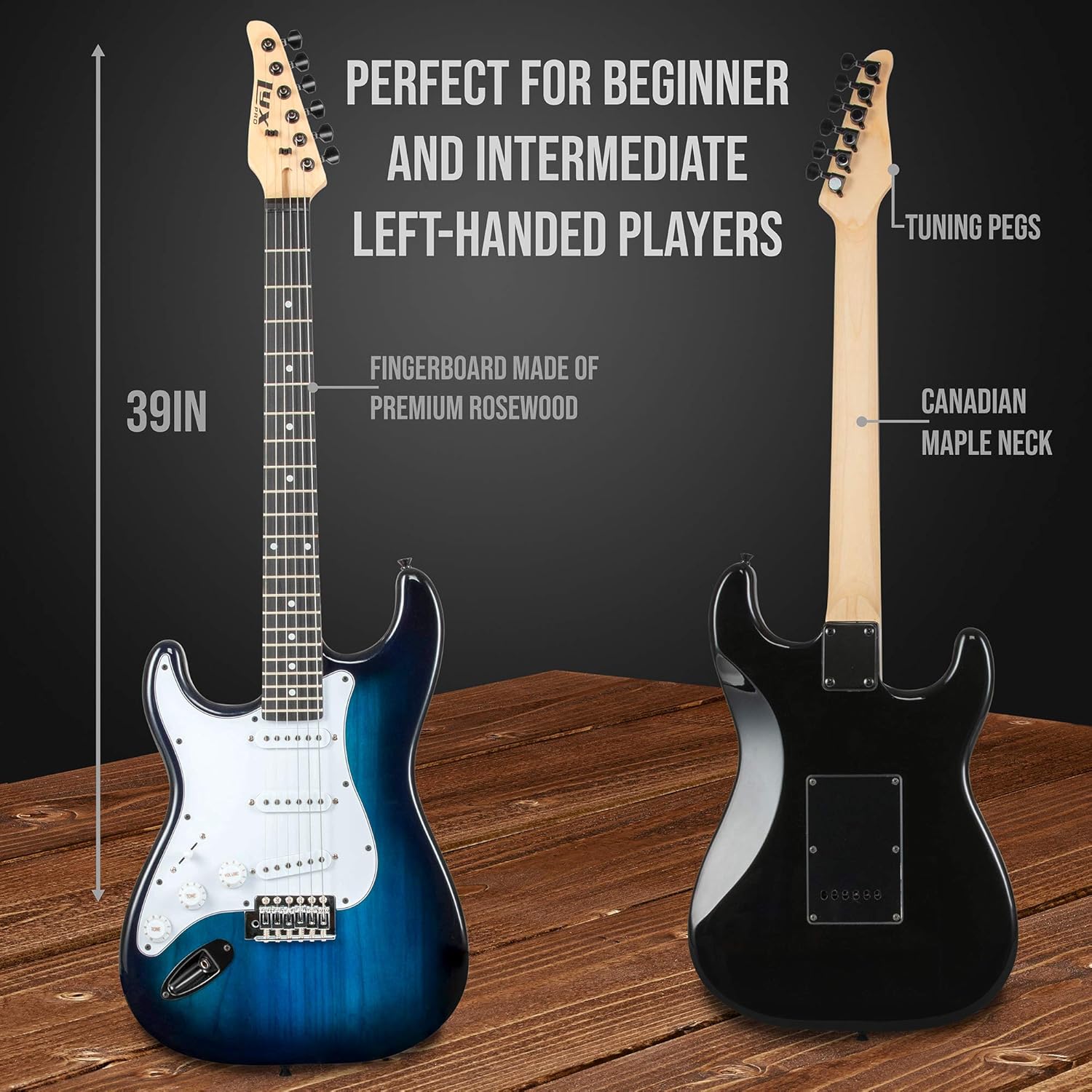 LyxPro Left Hand 39 Inch Electric Guitar and Starter Kit for Lefty Full Size Beginner’s Guitar, Amp, Six Strings, Two Picks, Shoulder Strap, Digital Clip On Tuner, Cable and Soft Case - Blue