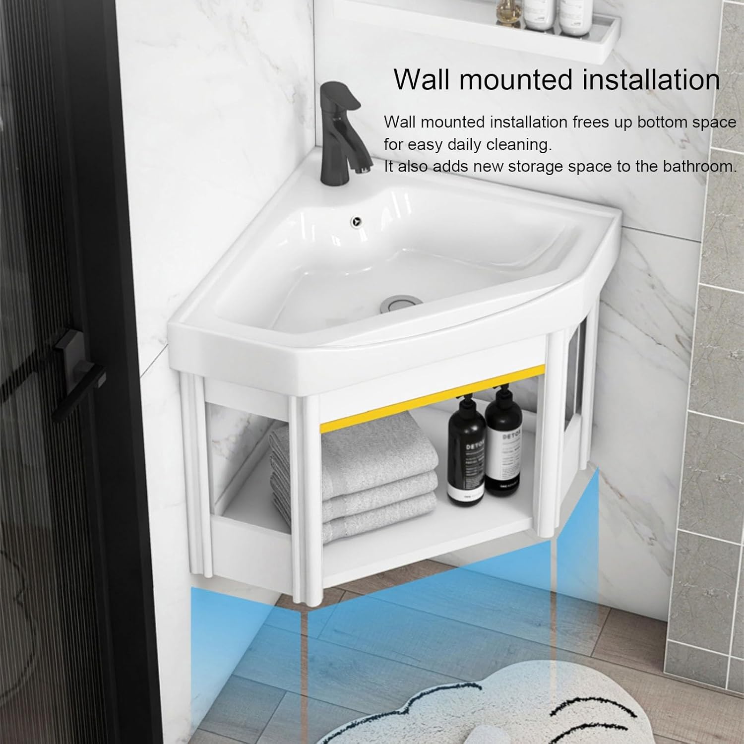 Small Wall Mount Corner Sink, with Storage Cabinet, Easy to Install, Space-Saving Wall-Mounted Wash Basin for Compact Bathrooms (White 48x48x40cm)