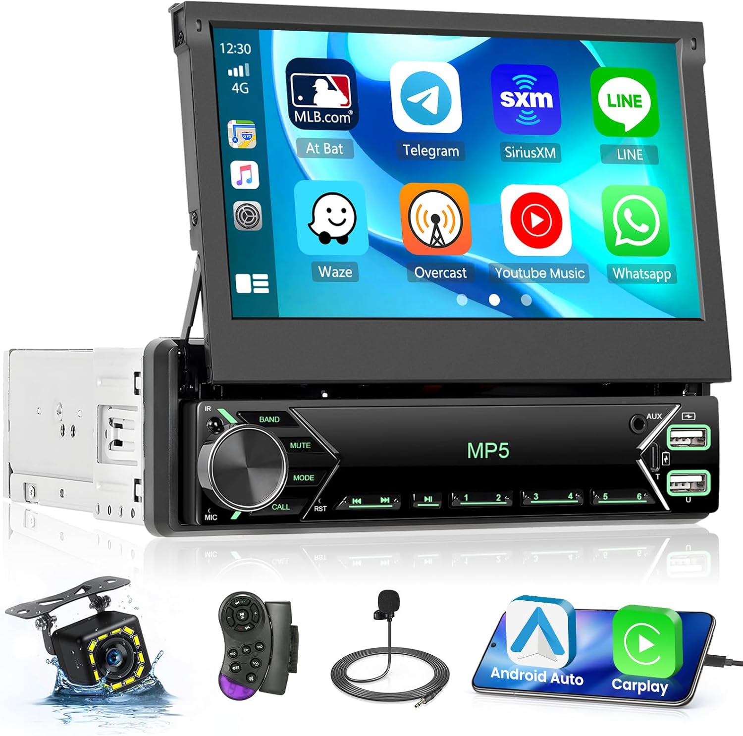 7 inch HD Single Manual Flip Out Din Radio Wireless Carplay Android Auto, IPS Touch Screen Bluetooth Car Stereo, Mirror Link/FM/AHD Backup Camera/SWC/Aux/USB+Type-C with DAB