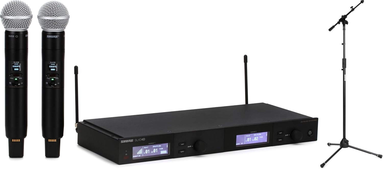 Shure SLXD24D/SM58 Digital Wireless Dual Handheld Microphone System G58 Band with Tripod Stands - Professional Audio Equipment for Performers, Presentations, and Events