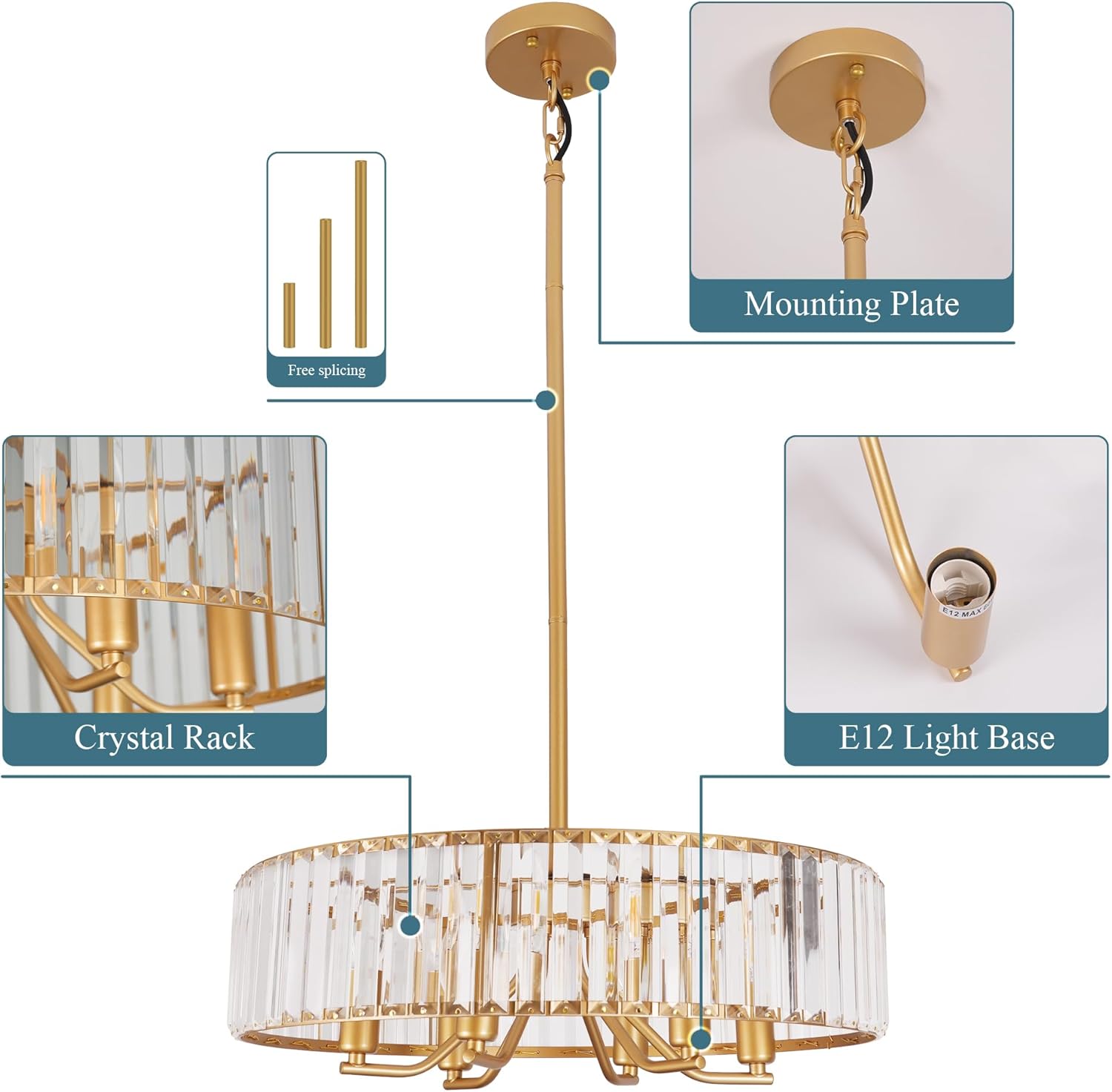 Gold Crystal Chandelier for Dining Room, 6-Light Modern Semi Flush Mount Chandelier Lighting Fixtures, Round Kitchen Hanging Drum Pendant Lights Ceiling for Bedroom Entryway Foyer, E12 Base, 19.7 Inch