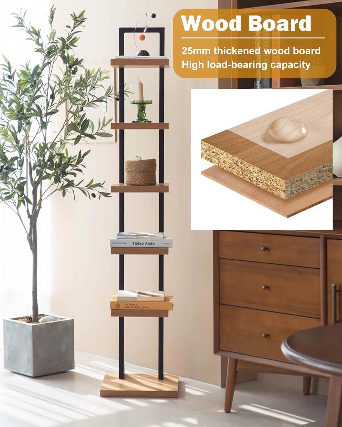 6-Tier 143cm Tall Narrow Spine Book Tower, Open Vertical Bookshelf, Wood & Iron Invisible Bookcase Display Shelf, Corner Book Organizers Storage Rack(Black)