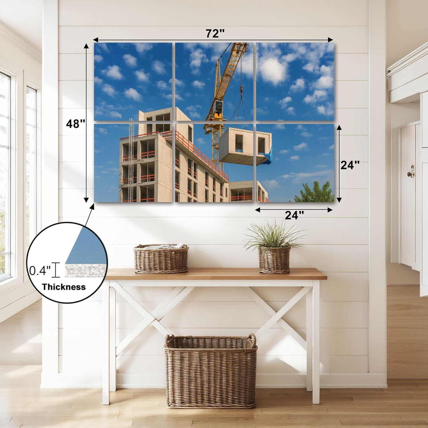 6 Pack Art Acoustic Panels Self Adhesive Crane lifting prefabricated wooden building module to its position Decorative Soundproof Wall Panels Sound Absorbing Panel 48