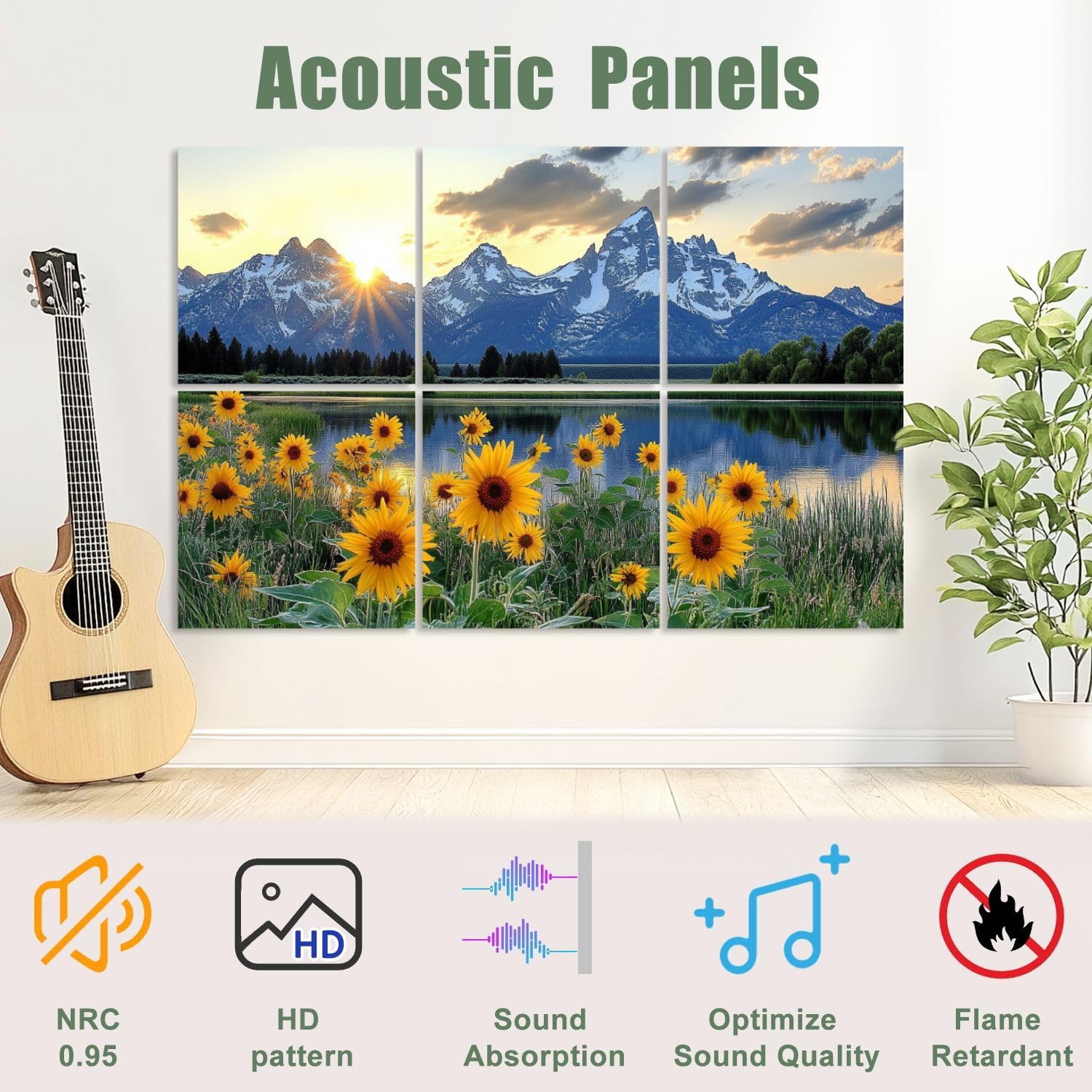 6 Pack Art Acoustic Panels Sound Absorbing Mountain Landscape Sunrise Nature Sunflower Scenery National Park Lake Decorative Soundproof Wall Panels Self Adhesive for Recording Studios Office 72