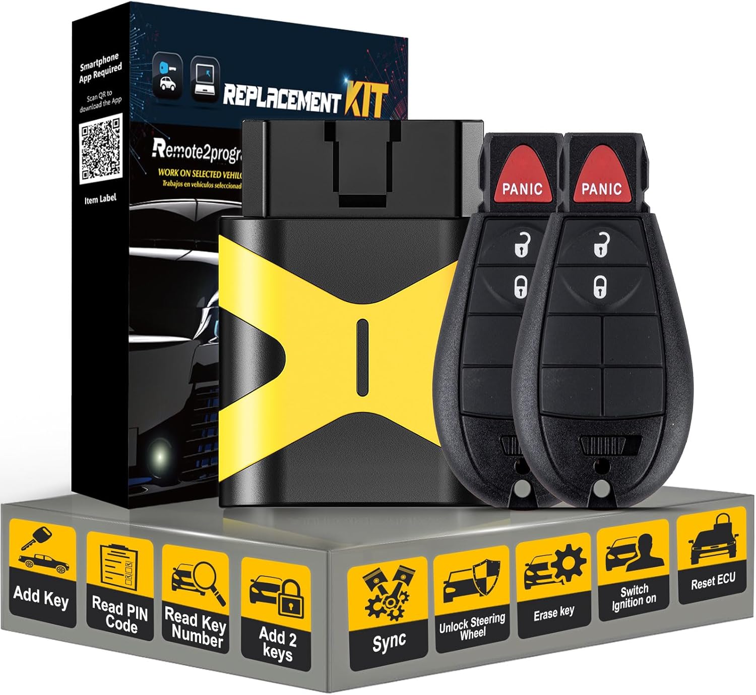 Self Programmable Car Key Fob DIY Kit/Add 2 Keys and Keyless Entry Remote Replacement for Dodge with FCC: GQ4-53T (3 Buttons)