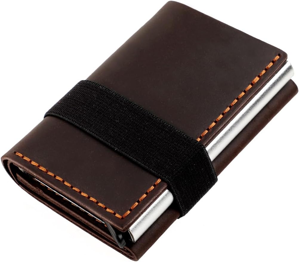 Genuine Leather Wallet Unisex Anti Theft Three fold Card Holder Elastic Band Buckle Design (Coffee)