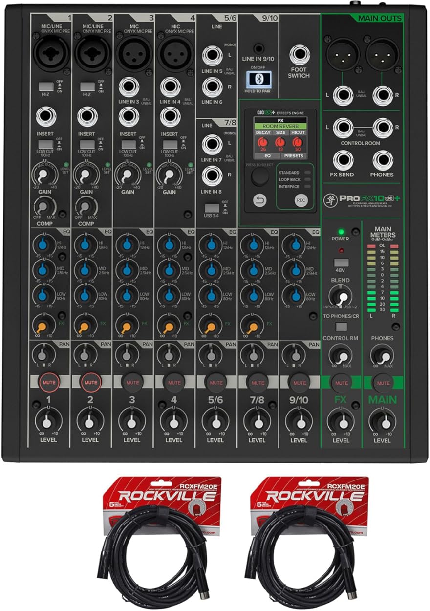 Audiosavings Bundle: (1) Mackie ProFX10v3+ 10-Channel Analog Mixer w/Enhanced FX/USB Recording/Bluetooth Bundle With (2) Rockville RCXFM20E-B 20 Foot Female to Male XLR Mic Cable Black 100% Copper