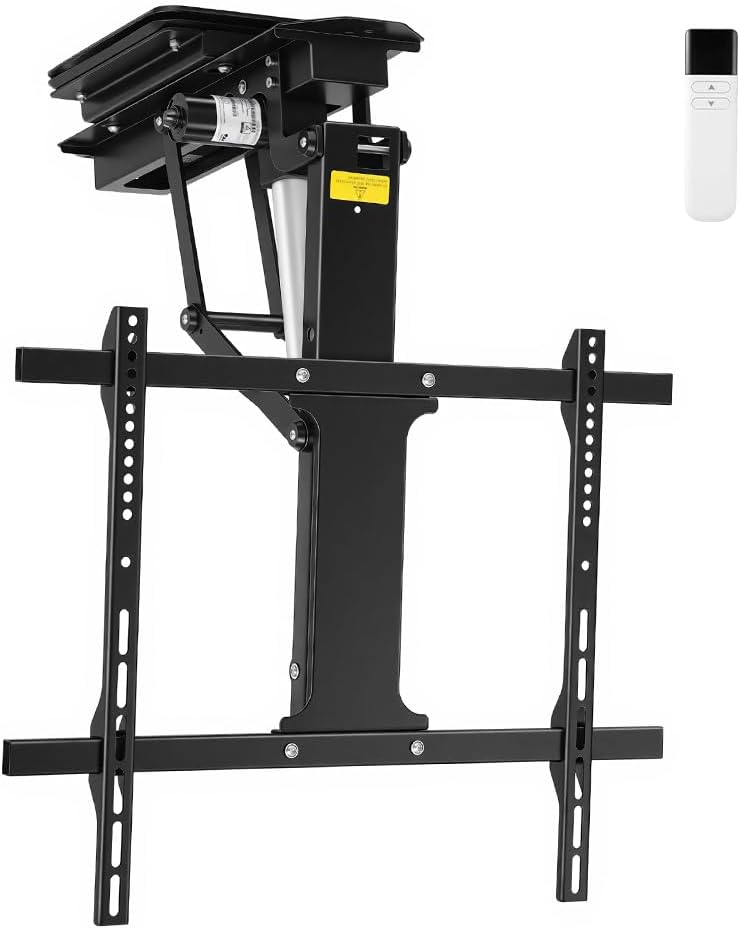 OUTFINE Electric Flip Down and Swiveling Ceiling TV Mount for 32–75 Inch Flat or Curved Screens, Motorized Fold Down Lift with Remote Control, 360°Manual Swivel and 0–80°Electric Tilt