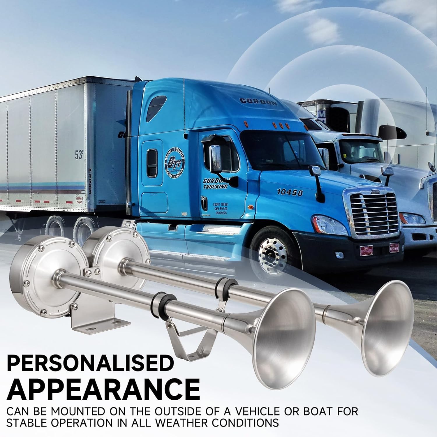 Marine Boat Safty Horns 12V 180dB Double Trumpet Truck Horn Stainless Steel Low and High Tone 2 Tube for Ship Truck RV Trailer Pickup Van Bus