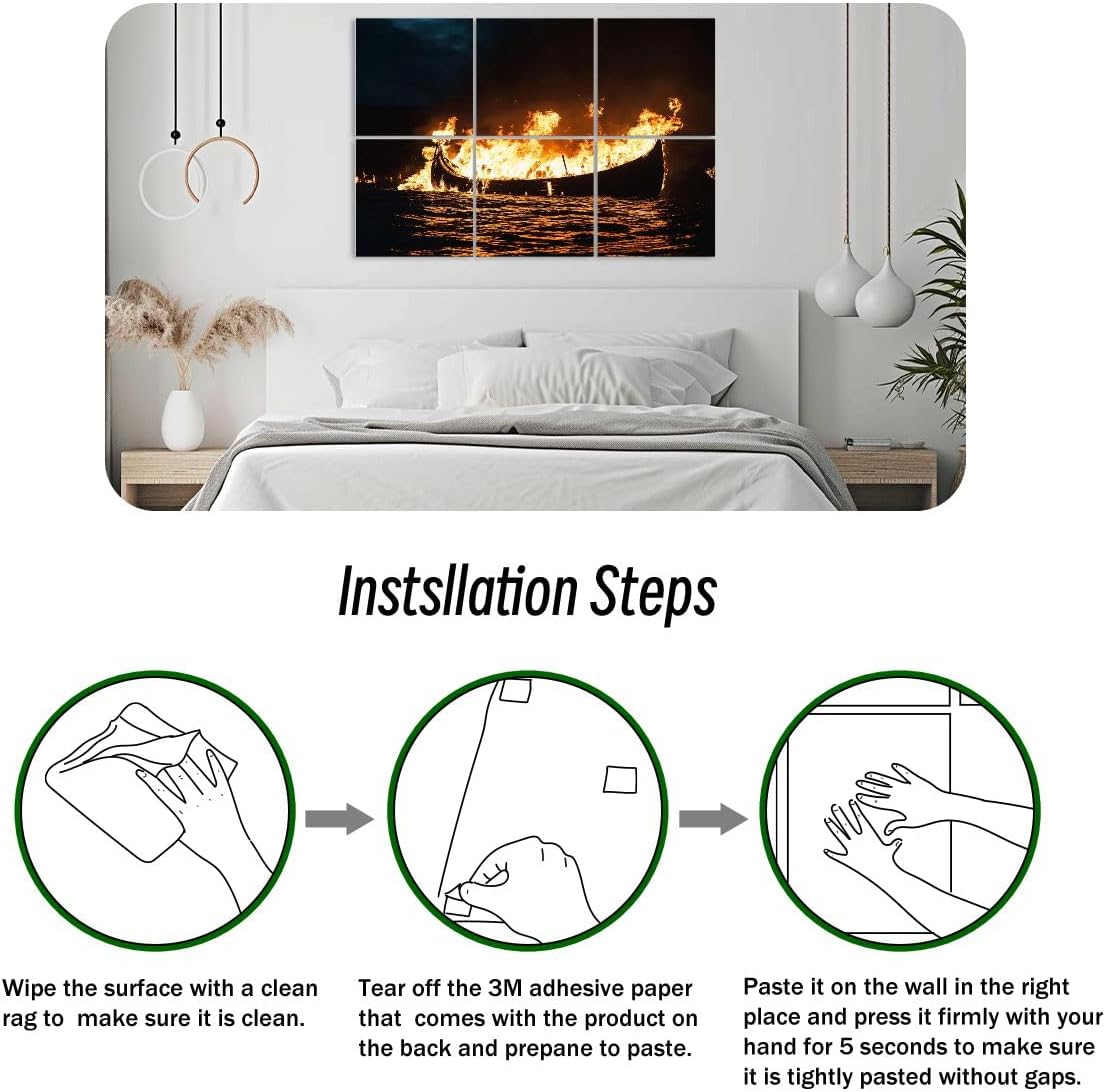 6 Pack Art Acoustic Panels Viking longship burning Soundproof Wall Panels, 48