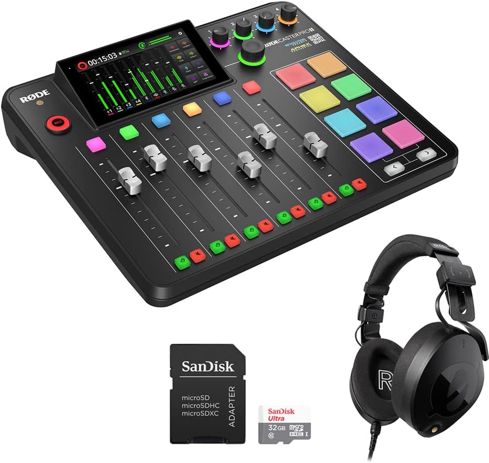 Rode RODECaster Pro II Integrated Audio Production Studio Bundle with Rode NTH-100 Pro Over-Ear Headphones and 32GB micro SDHC Memory Card