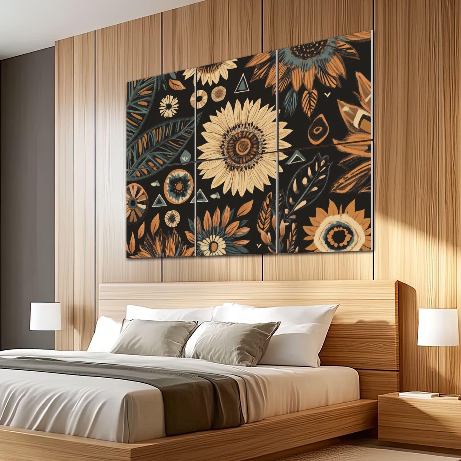 6 Pack Art Acoustic Panels Sound Absorbing Floral Boho Brown Peachpuff Green Retro Sunflowers Leaves Geometric Decorative Soundproof Wall Panels Self Adhesive for Recording Studios Office 72