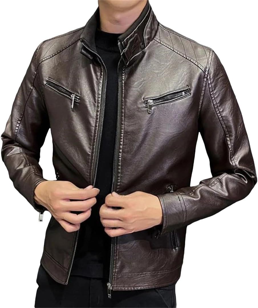 Men's Pu Leather Motorcycle Jacket Slim Fit Fall Biker Coat
